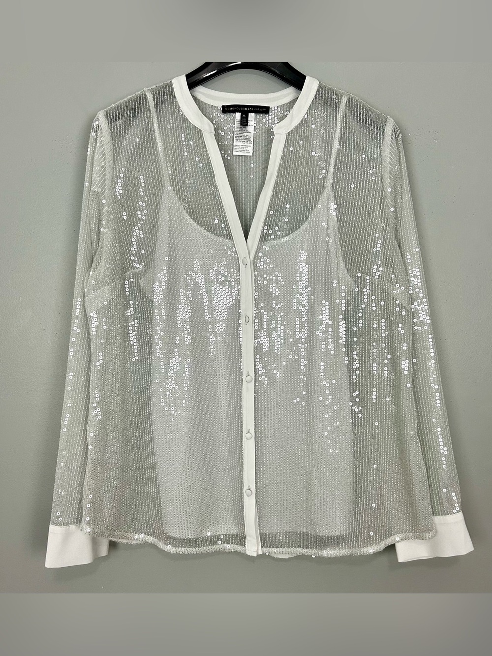 WHBM Sheer Sequin Shirt Women’s Size XL Tank Top Lining Button Front Holiday